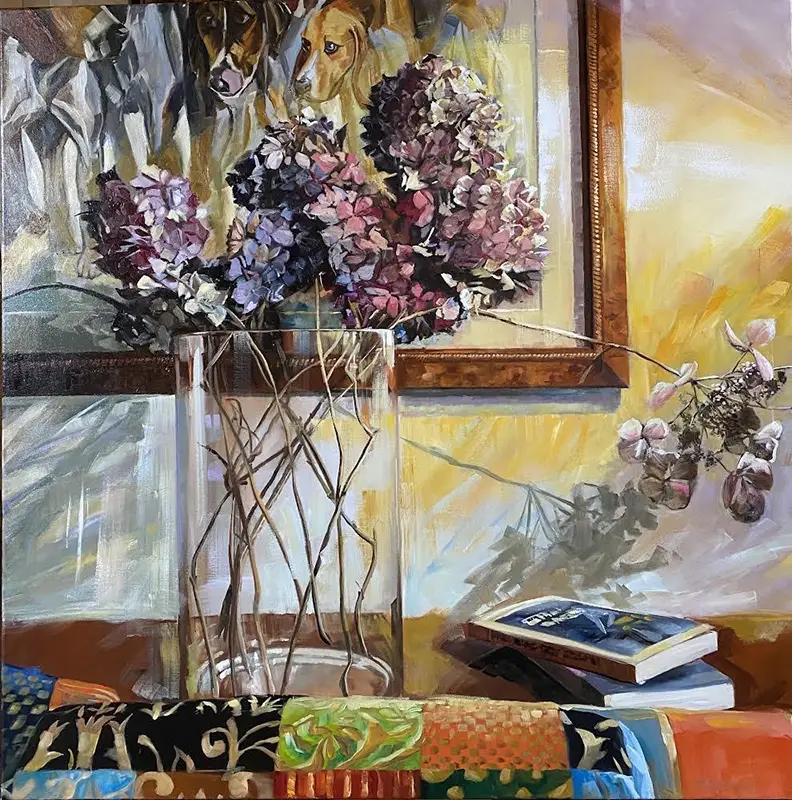 Schilderij winter hortensia's